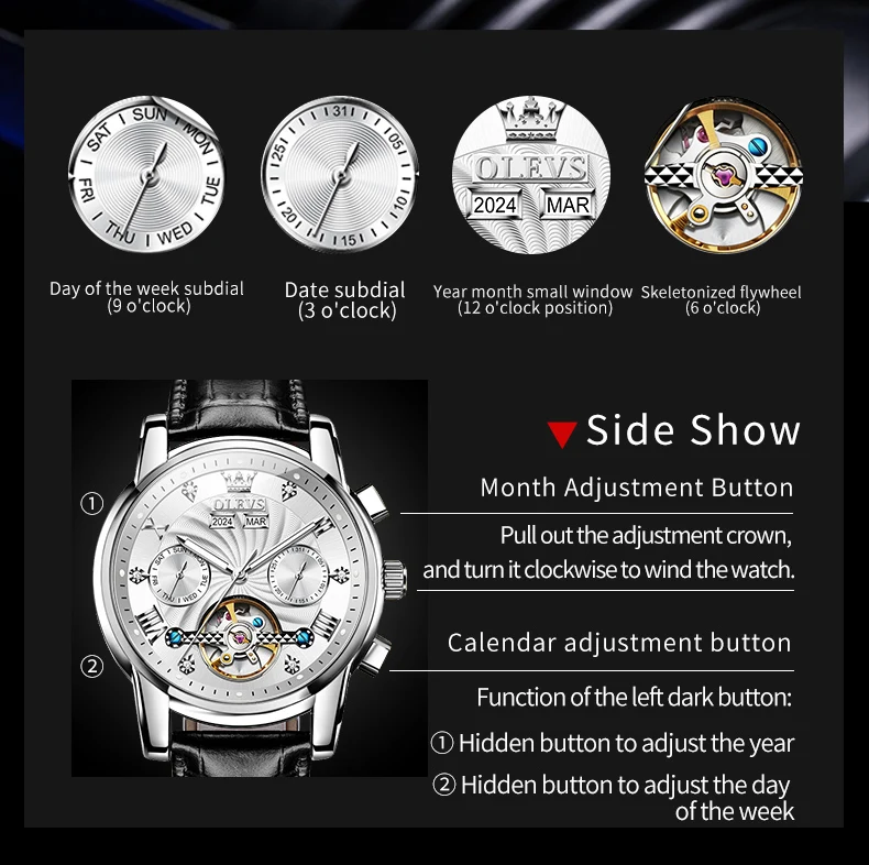 OLEVS 7088 Watch Luxury Sports Bands Leather Strap Calendar Automatic Sports Luminous Mechanical Watch for Man 6