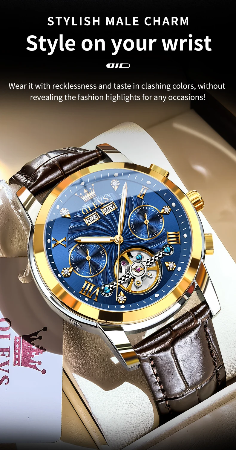 OLEVS 7088 Watch Luxury Sports Bands Leather Strap Calendar Automatic Sports Luminous Mechanical Watch for Man 8