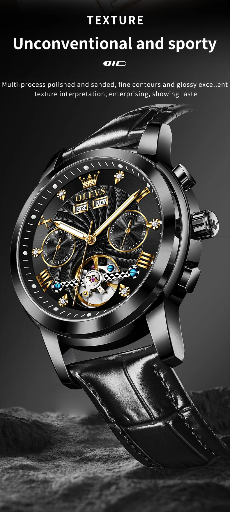 OLEVS 7088 Watch Luxury Sports Bands Leather Strap Calendar Automatic Sports Luminous Mechanical Watch for Man 9