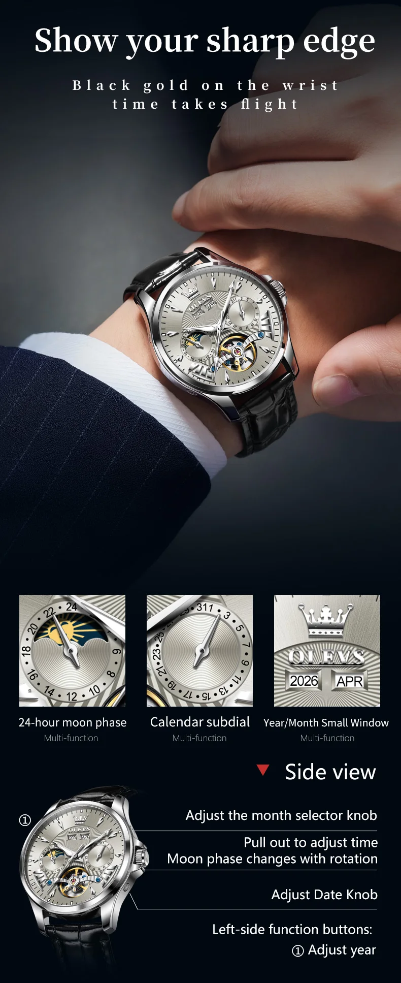 OLEVS 7103 Fashion Multi Functional Tourbillon Luminous Stainless Steel Automatic Mechanical Watch for Man 2