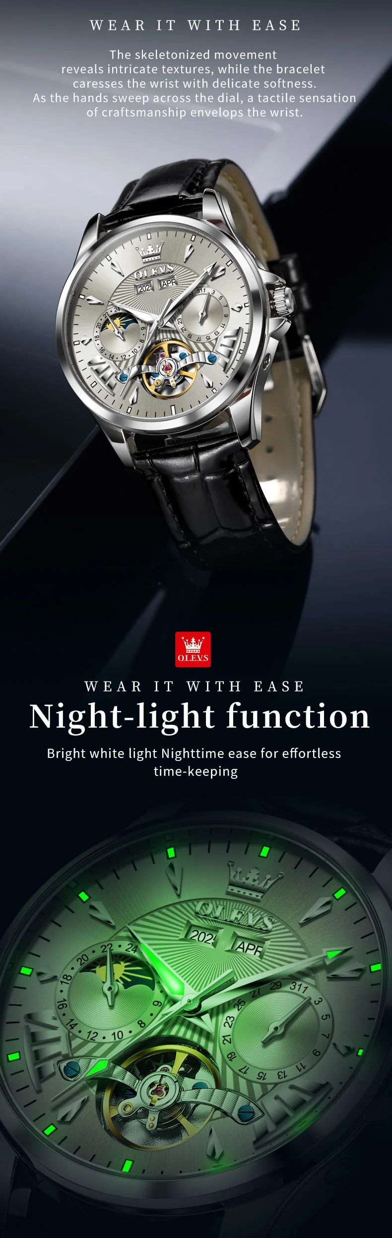 OLEVS 7103 Fashion Multi Functional Tourbillon Luminous Stainless Steel Automatic Mechanical Watch for Man 4