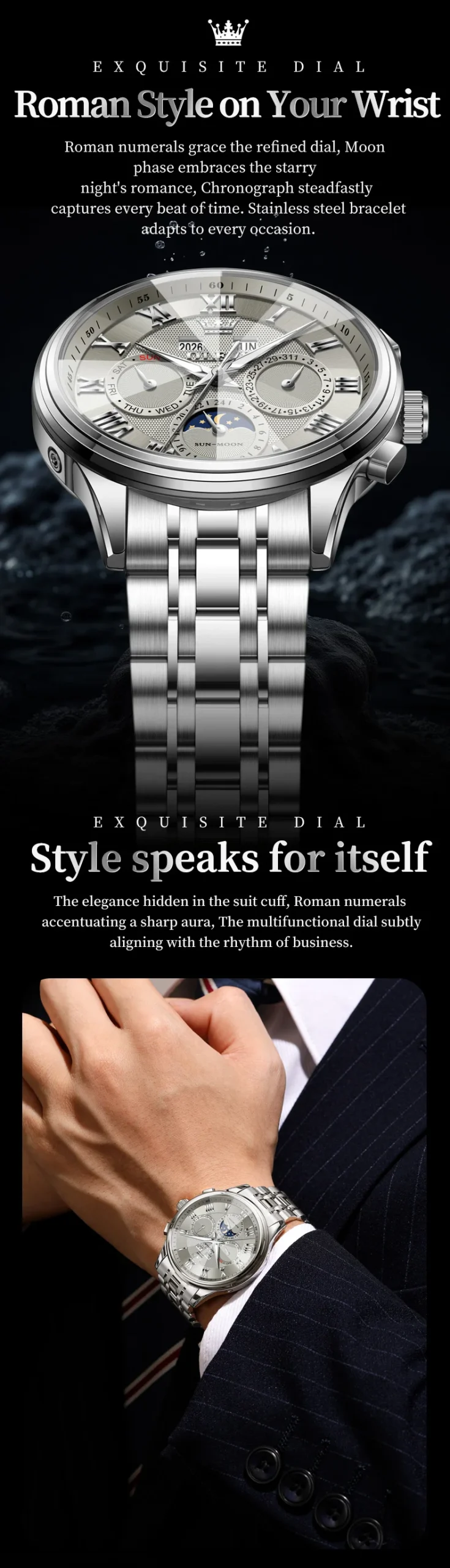 OLEVS 7113 Luxury Sports Brand Stainless Steel Lunar Phase Automatic Luminous Waterproof Business Mechanical Watch for Man 1