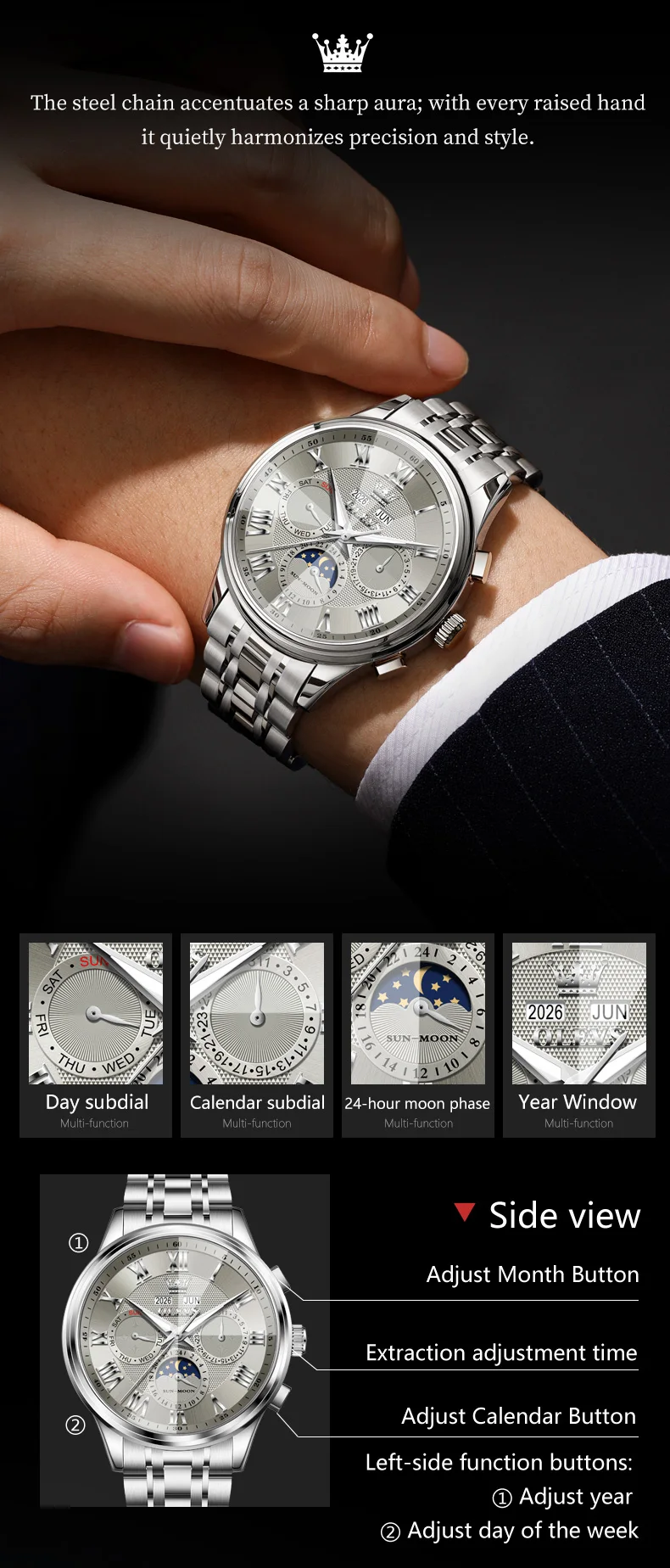 OLEVS 7113 Luxury Sports Brand Stainless Steel Lunar Phase Automatic Luminous Waterproof Business Mechanical Watch for Man 2