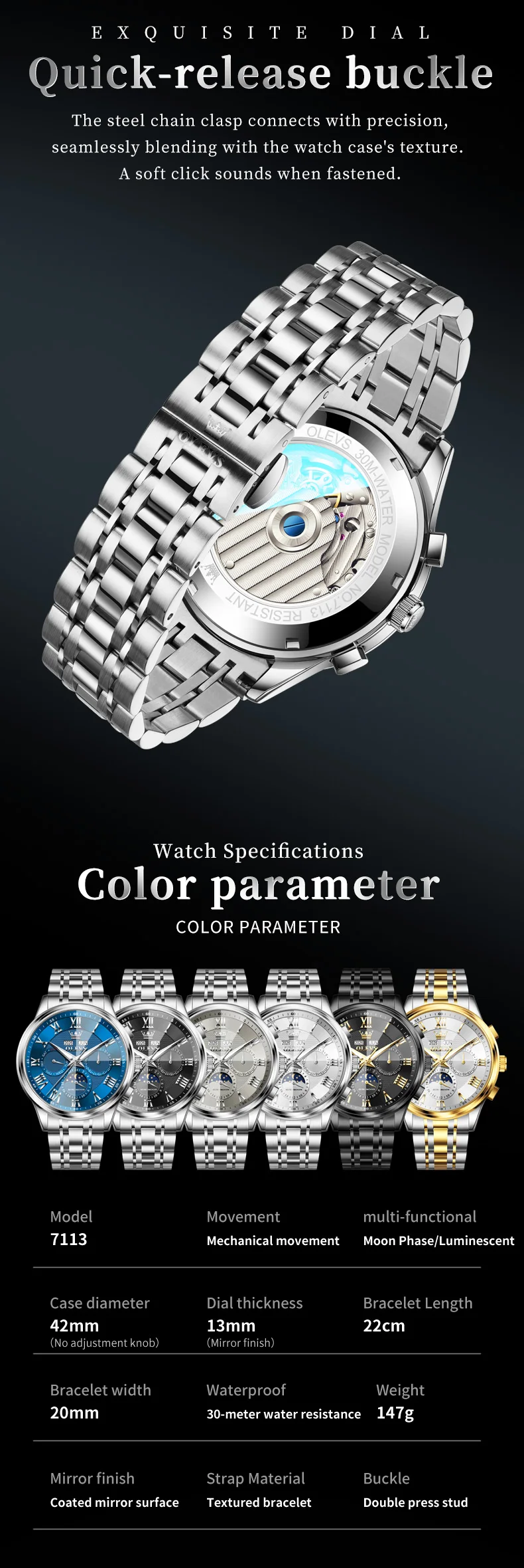 OLEVS 7113 Luxury Sports Brand Stainless Steel Lunar Phase Automatic Luminous Waterproof Business Mechanical Watch for Man 3