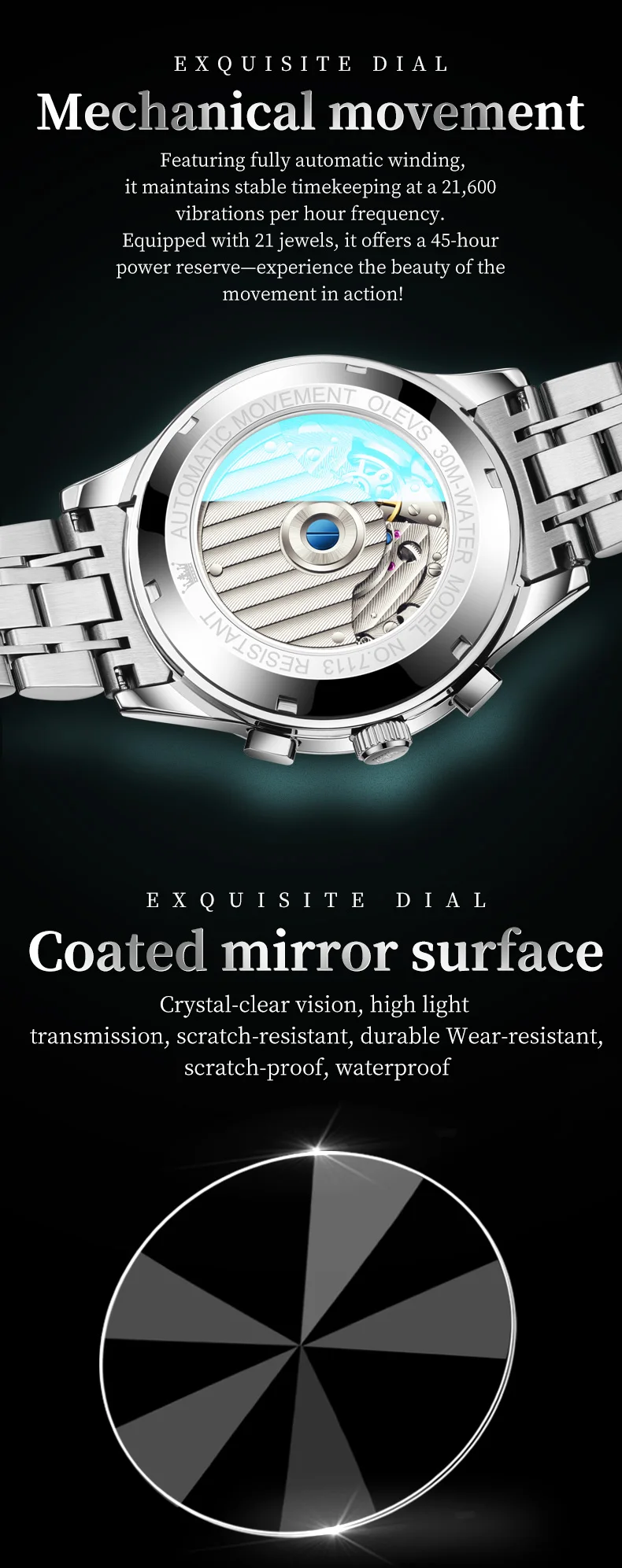 OLEVS 7113 Luxury Sports Brand Stainless Steel Lunar Phase Automatic Luminous Waterproof Business Mechanical Watch for Man 4