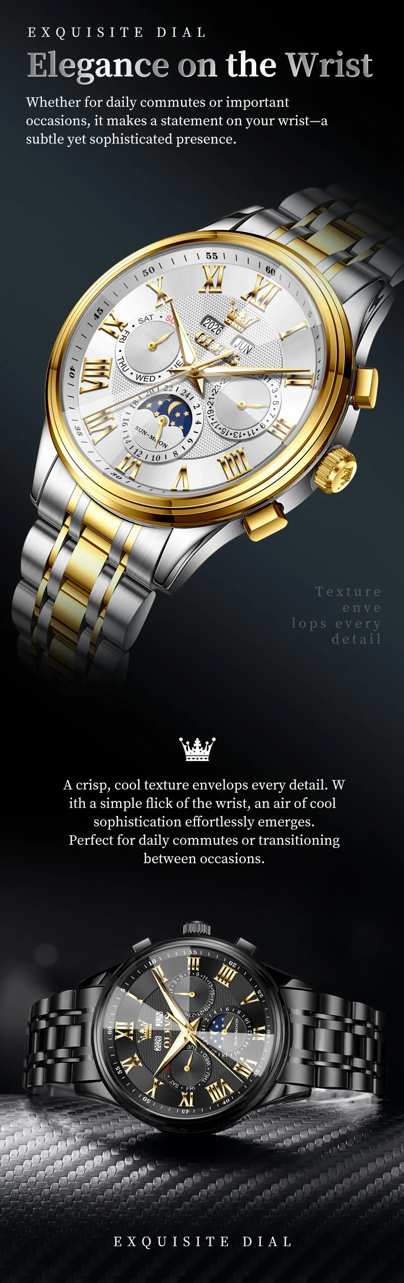 OLEVS 7113 Luxury Sports Brand Stainless Steel Lunar Phase Automatic Luminous Waterproof Business Mechanical Watch for Man 6
