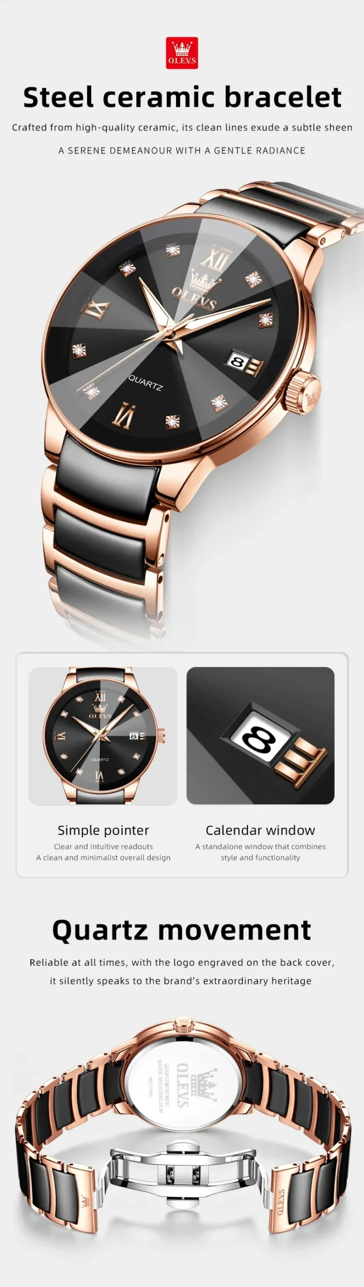 OLEVS 7114 Luxury Classic Business Stainless Steel Ceramic Fashion Waterproof Luminous Quartz Watch for Men 3
