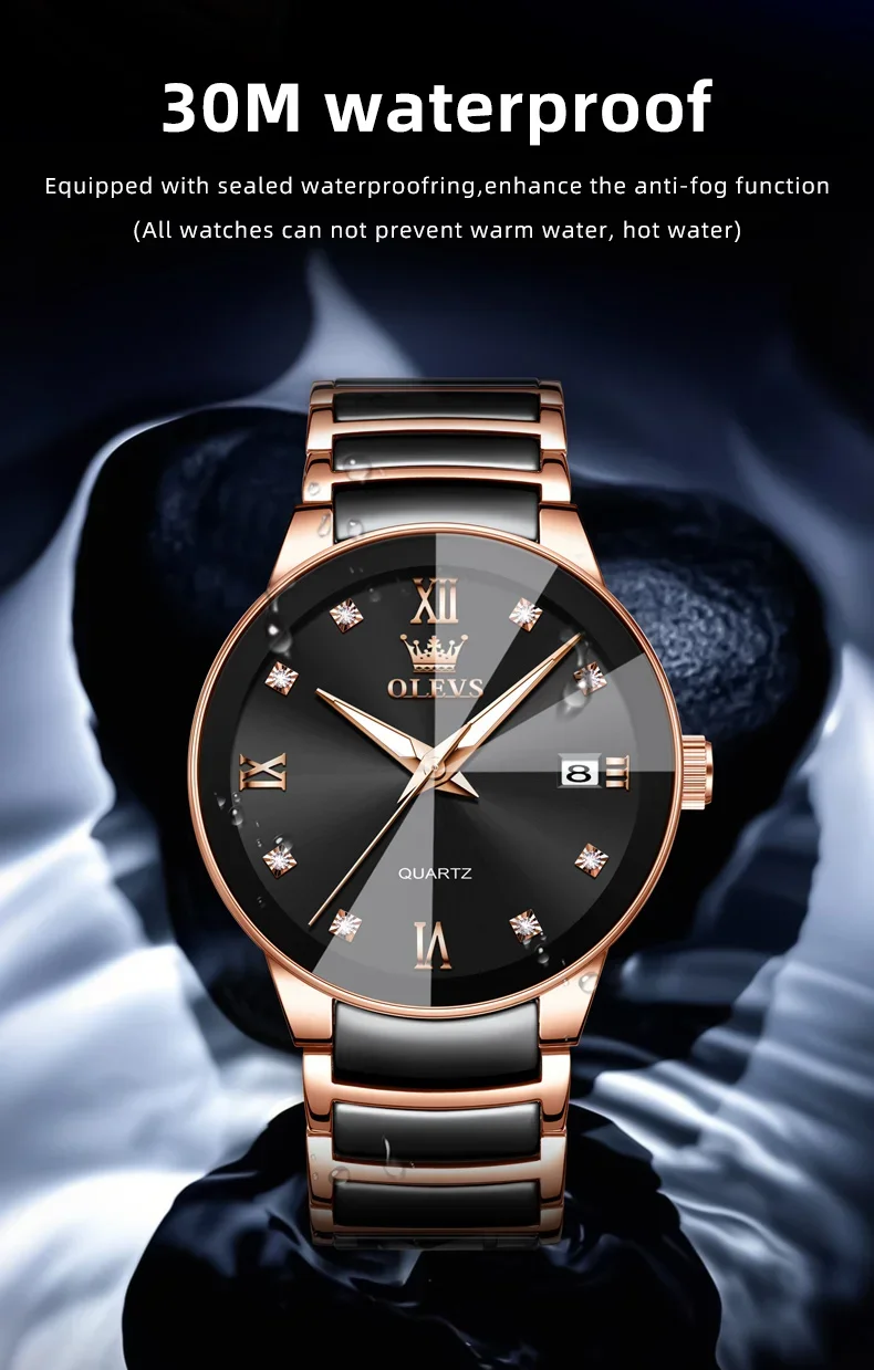 OLEVS 7114 Luxury Classic Business Stainless Steel Ceramic Fashion Waterproof Luminous Quartz Watch for Men 7