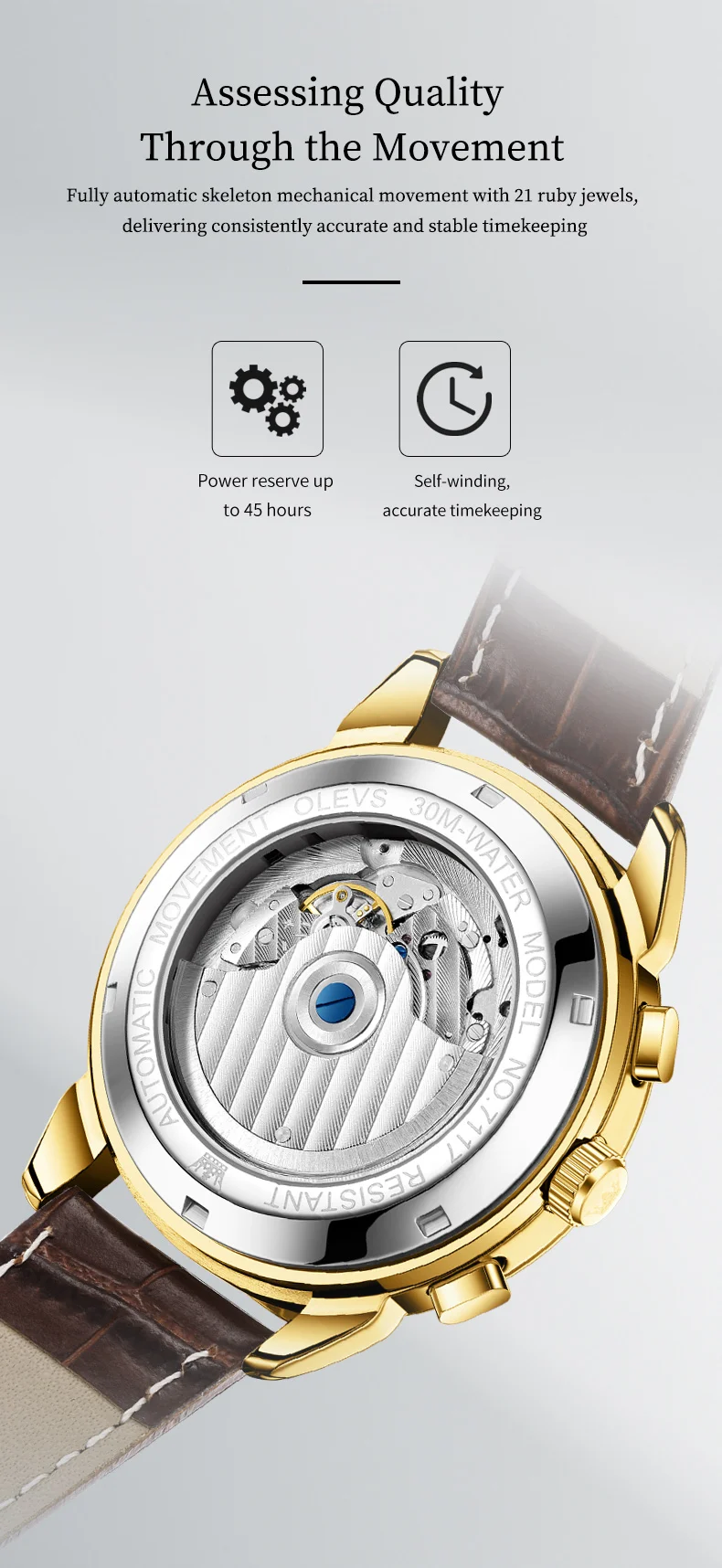 OLEVS 7117 Design Watches for Men Luxury Genuine Leather Strap Automatic Mechanical Watch 6