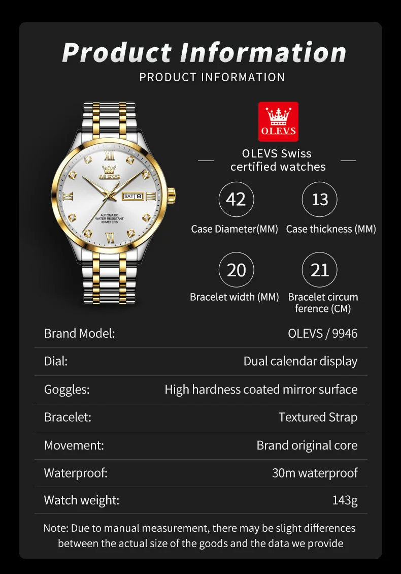 OLEVS 9946 Man Watch Fashion Stainless Steel Men Luxury Mechanical Automatic Classics Calendar Luminous Watch Watch for Men 8