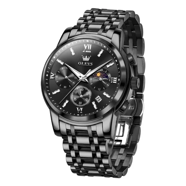 OLEVS 2718 Luxury Bands Sports Designer Moon Phase Watch Stainless Steel Waterproof Calendar Quartz Watch Black