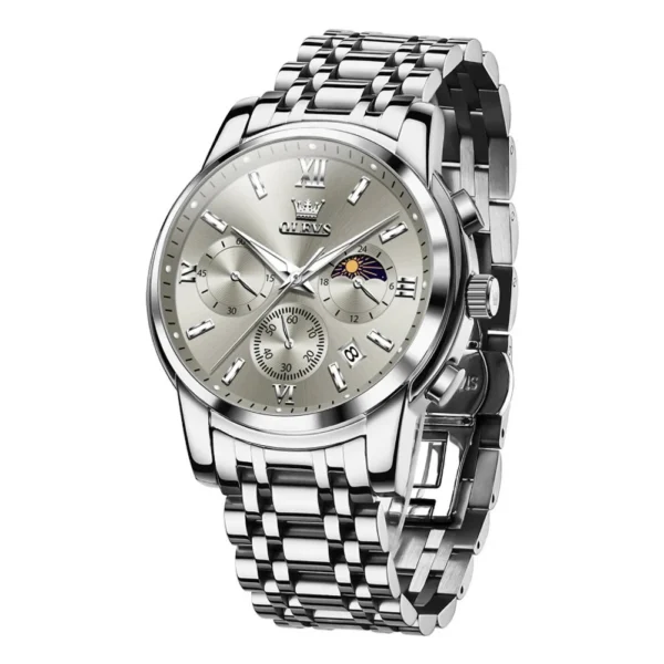 OLEVS 2718 Luxury Bands Sports Designer Moon Phase Watch Stainless Steel Waterproof Calendar Quartz Watch SILVER GRAY