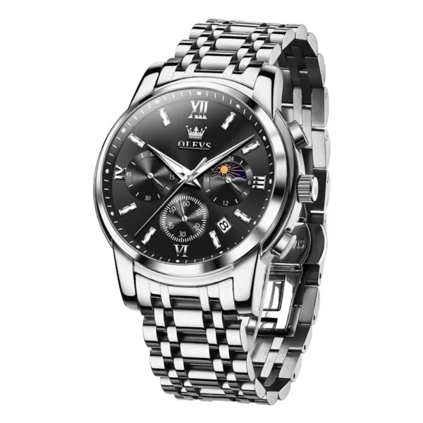 OLEVS 2718 Luxury Bands Sports Designer Moon Phase Watch Stainless Steel Waterproof Calendar Quartz Watch silver-black