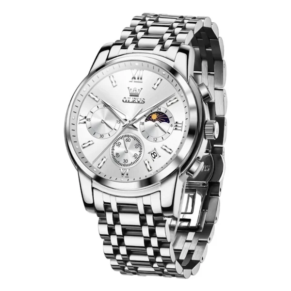 OLEVS 2718 Luxury Bands Sports Designer Moon Phase Watch Stainless Steel Waterproof Calendar Quartz Watch silvery white
