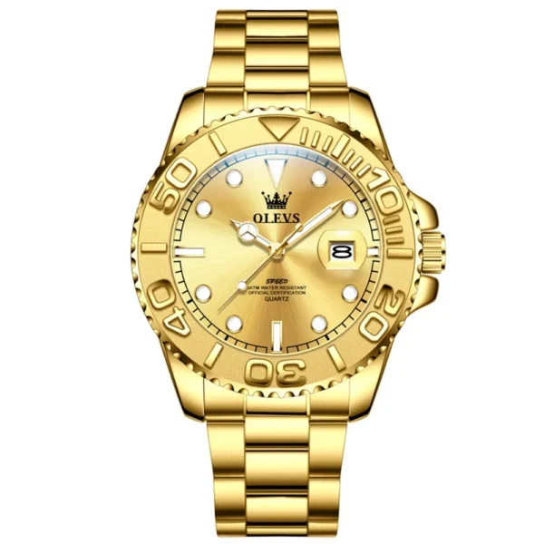 OLEVS 2720 Luxury Brand Fashion Sports Diving Calendar Classic Stainless Steel Waterproof Luminous Quartz Watch GOLD