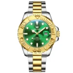 OLEVS 2720 Luxury Brand Fashion Sports Diving Calendar Classic Stainless Steel Waterproof Luminous Quartz Watch Gold Green