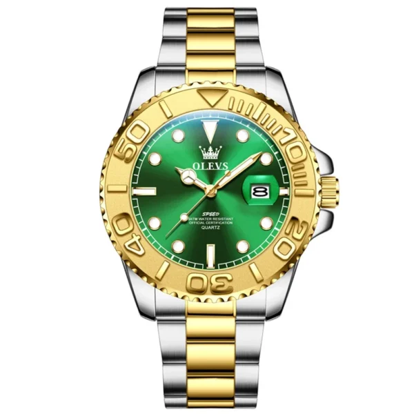 OLEVS 2720 Luxury Brand Fashion Sports Diving Calendar Classic Stainless Steel Waterproof Luminous Quartz Watch Gold Green