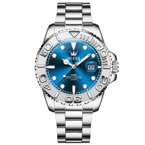 OLEVS 2720 Luxury Brand Fashion Sports Diving Calendar Classic Stainless Steel Waterproof Luminous Quartz Watch SILVER BLUE