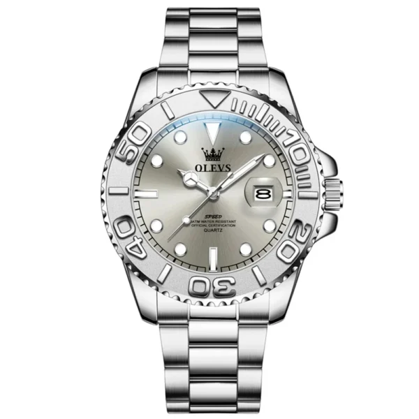 OLEVS 2720 Luxury Brand Fashion Sports Diving Calendar Classic Stainless Steel Waterproof Luminous Quartz Watch SILVER GRAY