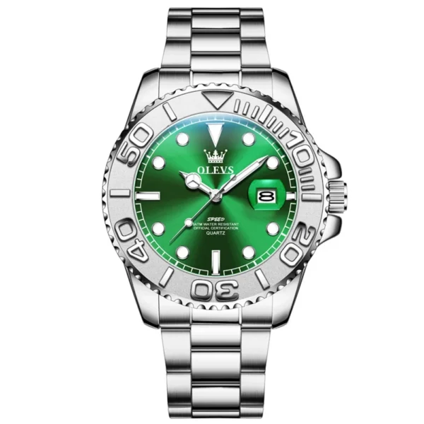 OLEVS 2720 Luxury Brand Fashion Sports Diving Calendar Classic Stainless Steel Waterproof Luminous Quartz Watch Silver-Green