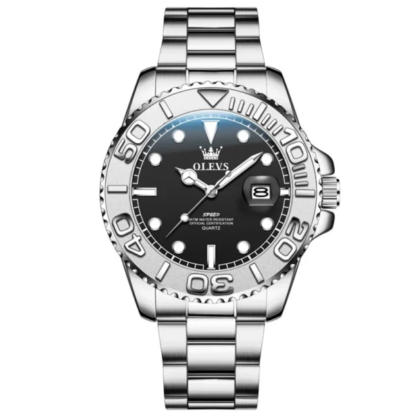 OLEVS 2720 Luxury Brand Fashion Sports Diving Calendar Classic Stainless Steel Waterproof Luminous Quartz Watch silver-black