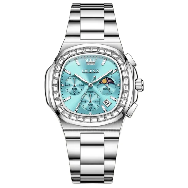 OLEVS 3739 Multifunctional Stainless Steel Moon Lunar Phase Luxury Calendar Waterproof Quartz Watch for Man Fenni Blue