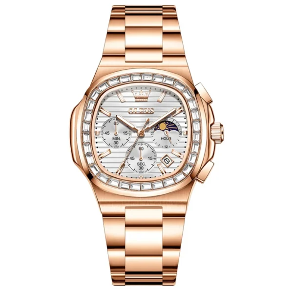 OLEVS 3739 Multifunctional Stainless Steel Moon Lunar Phase Luxury Calendar Waterproof Quartz Watch for Man ROSE WHITE