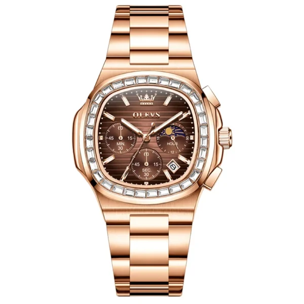 OLEVS 3739 Multifunctional Stainless Steel Moon Lunar Phase Luxury Calendar Waterproof Quartz Watch for Man Rose Brown