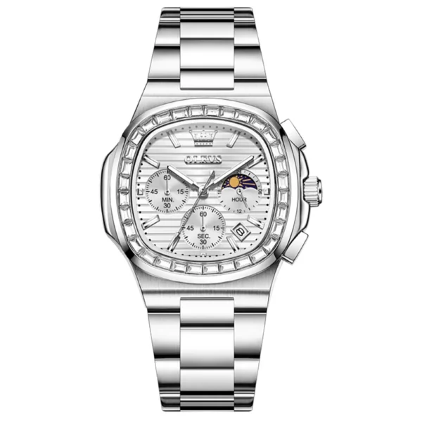 OLEVS 3739 Multifunctional Stainless Steel Moon Lunar Phase Luxury Calendar Waterproof Quartz Watch for Man SILVER