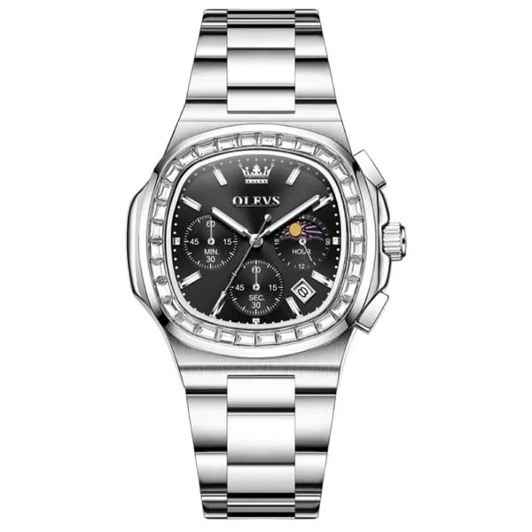 OLEVS 3739 Multifunctional Stainless Steel Moon Lunar Phase Luxury Calendar Waterproof Quartz Watch for Man SILVER BLACK