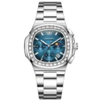 OLEVS 3739 Multifunctional Stainless Steel Moon Lunar Phase Luxury Calendar Waterproof Quartz Watch for Man SILVER BLUE