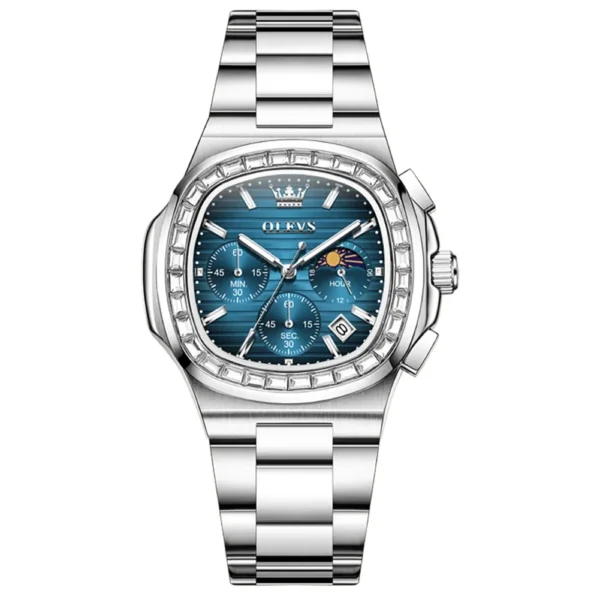 OLEVS 3739 Multifunctional Stainless Steel Moon Lunar Phase Luxury Calendar Waterproof Quartz Watch for Man SILVER BLUE