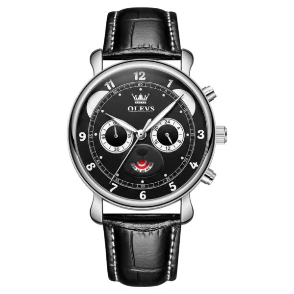 OLEVS 3753 Fashion Sports Students Multi Functional Chronograph Genuine Panda Leather Calendar Man Quartz Watch Black