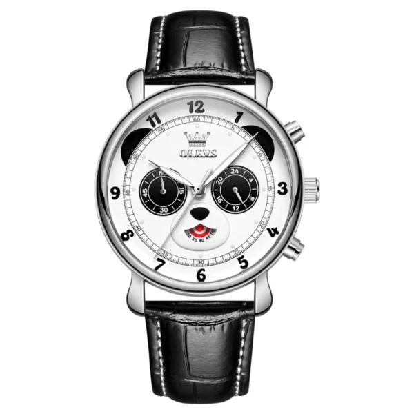 OLEVS 3753 Fashion Sports Students Multi Functional Chronograph Genuine Panda Leather Calendar Man Quartz Watch WHITE