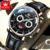 OLEVS 3753 Fashion Sports Students Multi Functional Chronograph Genuine Panda Leather Calendar Man Quartz Watch