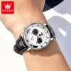 OLEVS 3753 Fashion Sports Students Multi Functional Chronograph Genuine Panda Leather Calendar Man Quartz Watch