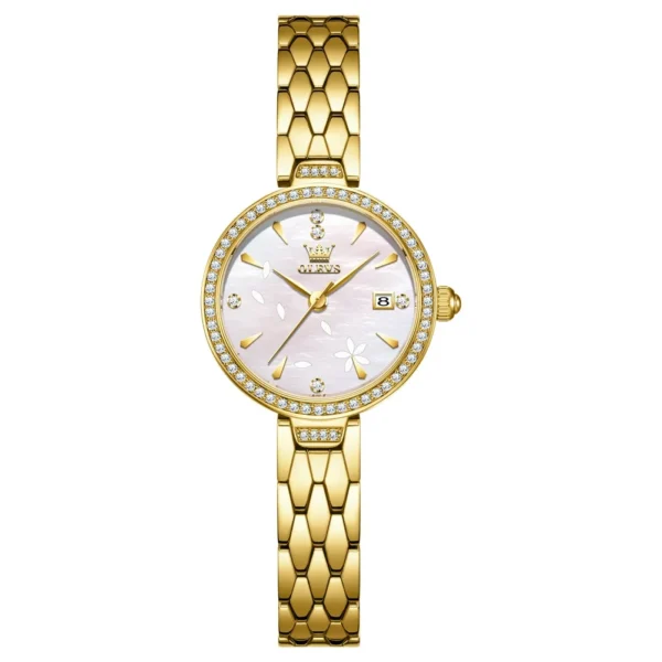 OLEVS 5689 Luxury Bands Sports Designer Waterproof Fashion Stainless Elegant Steel Calendar Quartz Watch for Woman Gold White