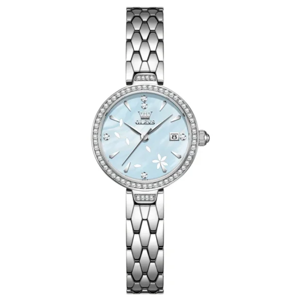 OLEVS 5689 Luxury Bands Sports Designer Waterproof Fashion Stainless Elegant Steel Calendar Quartz Watch for Woman Silver-Blue
