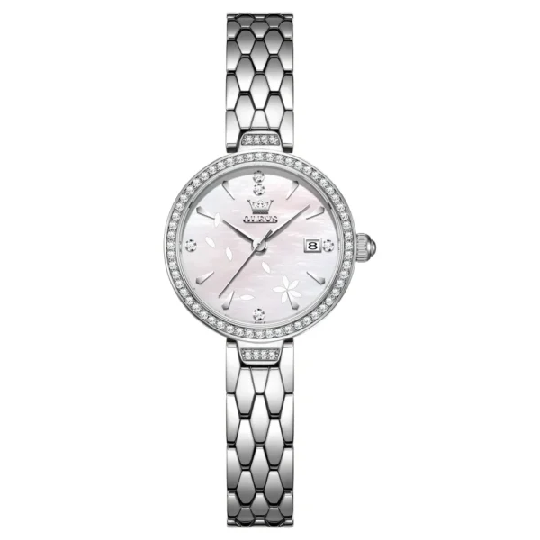 OLEVS 5689 Luxury Bands Sports Designer Waterproof Fashion Stainless Elegant Steel Calendar Quartz Watch for Woman silvery white