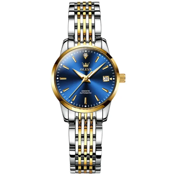 OLEVS 6635 Luxury Stainless Steel Classic Fashion Luxury Calendar Mechanical Watch for Women's Automatic Watch GOLDEN BLUE