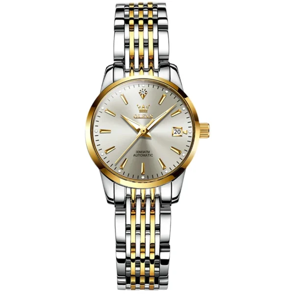 OLEVS 6635 Luxury Stainless Steel Classic Fashion Luxury Calendar Mechanical Watch for Women's Automatic Watch silvery white