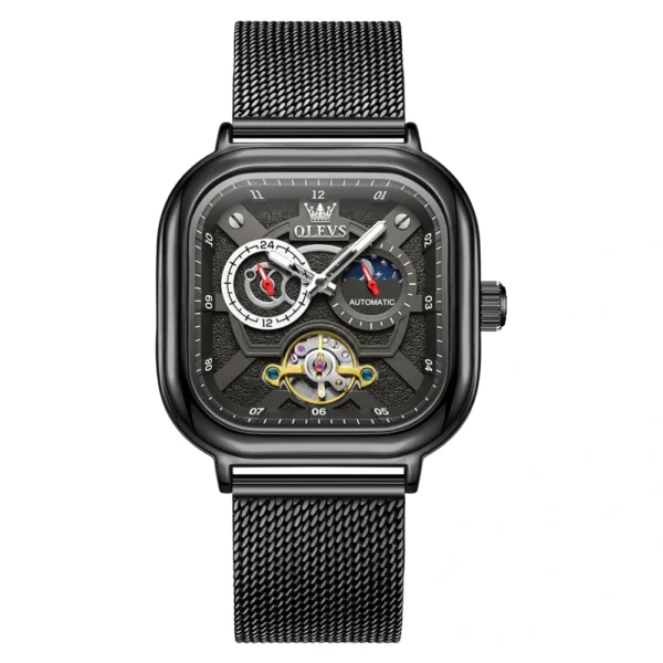 OLEVS 6782 Luxury Designer Brand Hollow Skeleton Watches Moon Phase Watch Automatic Mechanical Watch for Man Black
