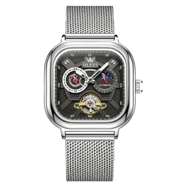 OLEVS 6782 Luxury Designer Brand Hollow Skeleton Watches Moon Phase Watch Automatic Mechanical Watch for Man SILVER BLACK