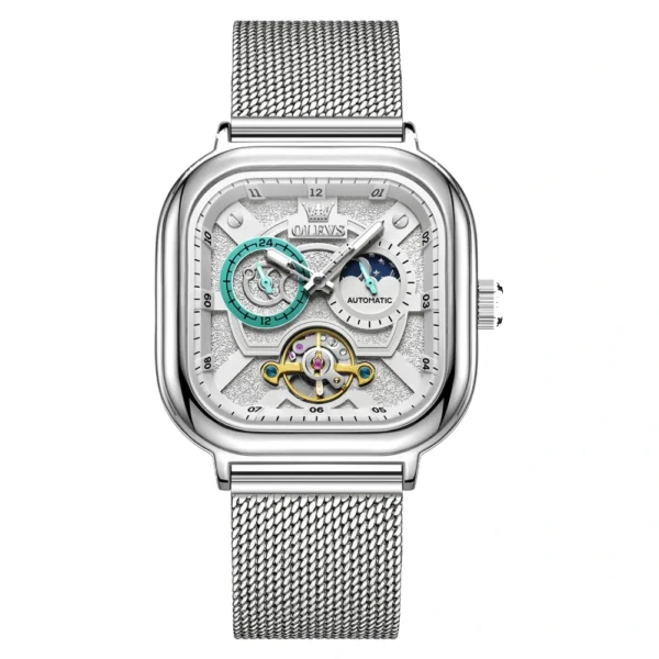 OLEVS 6782 Luxury Designer Brand Hollow Skeleton Watches Moon Phase Watch Automatic Mechanical Watch for Man Silver-white