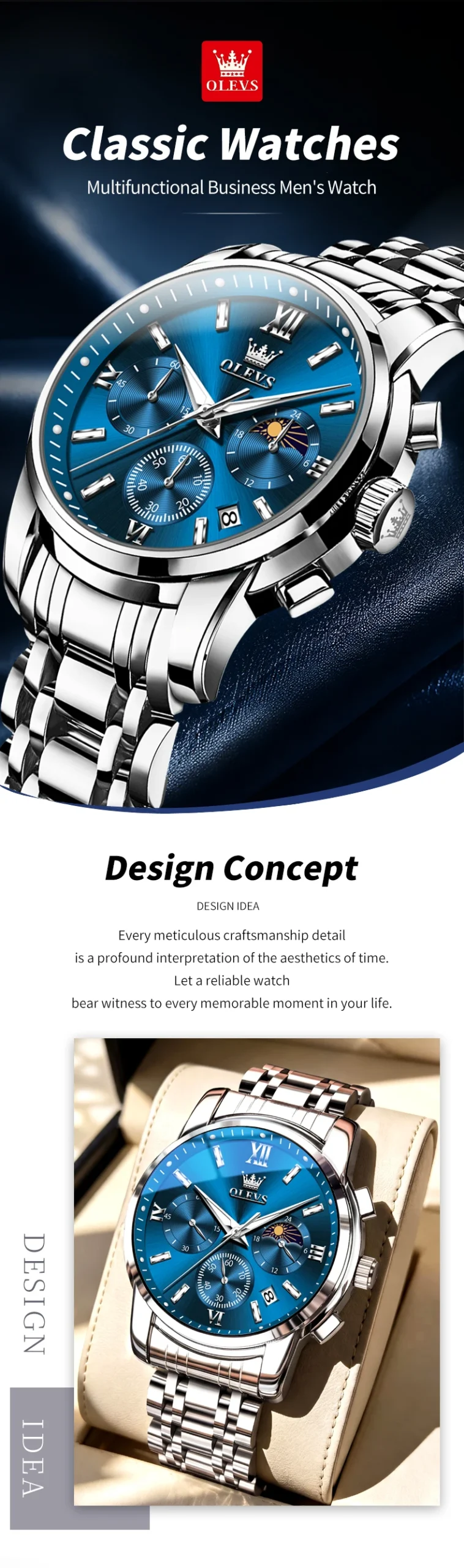 OLEVS 2718 Luxury Bands Sports Designer Moon Phase Watch Stainless Steel Waterproof Calendar Quartz Watch 1