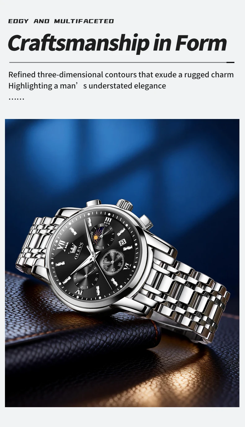 OLEVS 2718 Luxury Bands Sports Designer Moon Phase Watch Stainless Steel Waterproof Calendar Quartz Watch 3