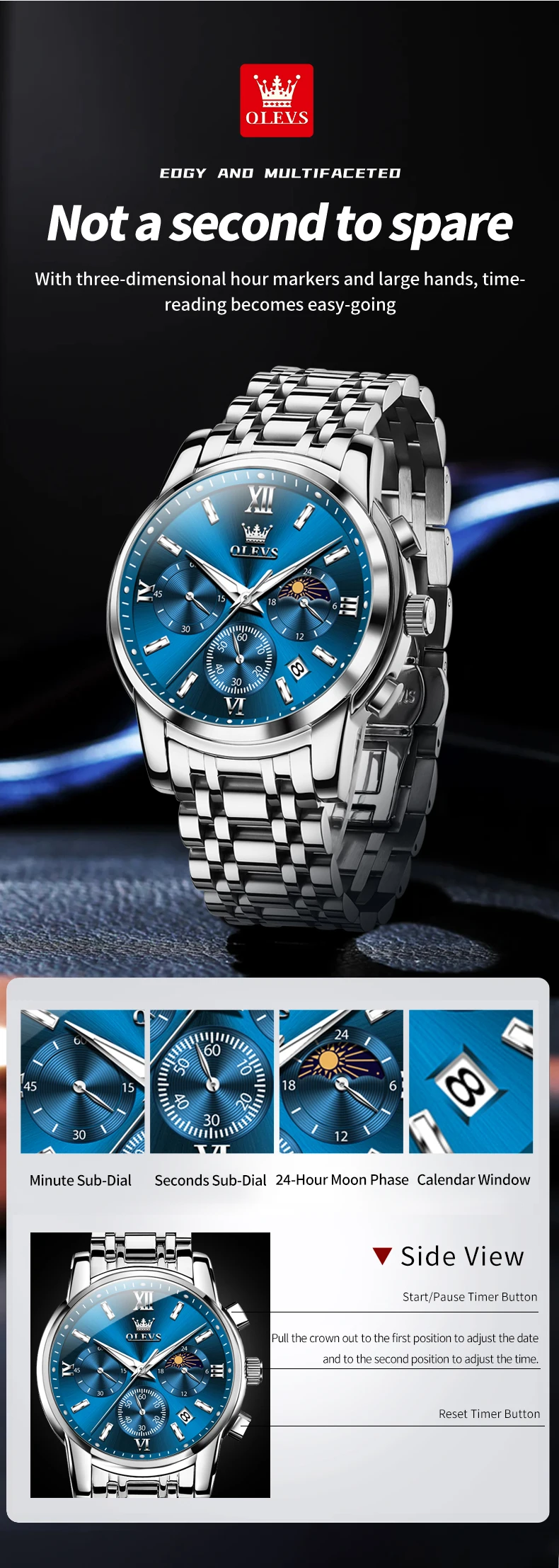 OLEVS 2718 Luxury Bands Sports Designer Moon Phase Watch Stainless Steel Waterproof Calendar Quartz Watch 4