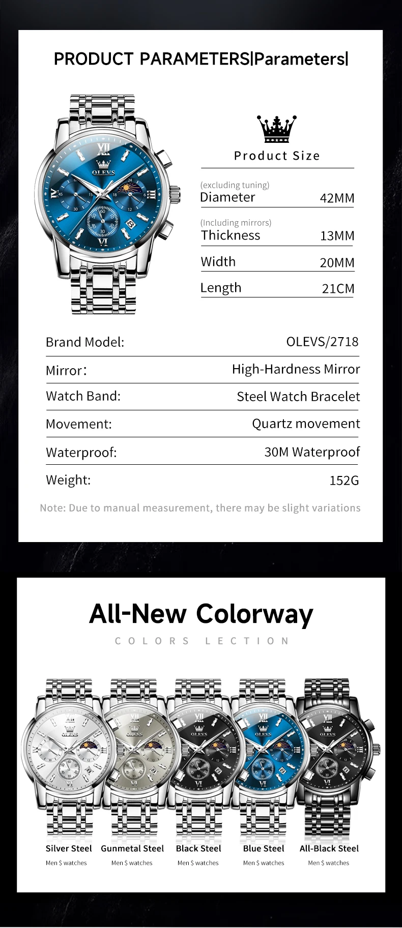 OLEVS 2718 Luxury Bands Sports Designer Moon Phase Watch Stainless Steel Waterproof Calendar Quartz Watch 6