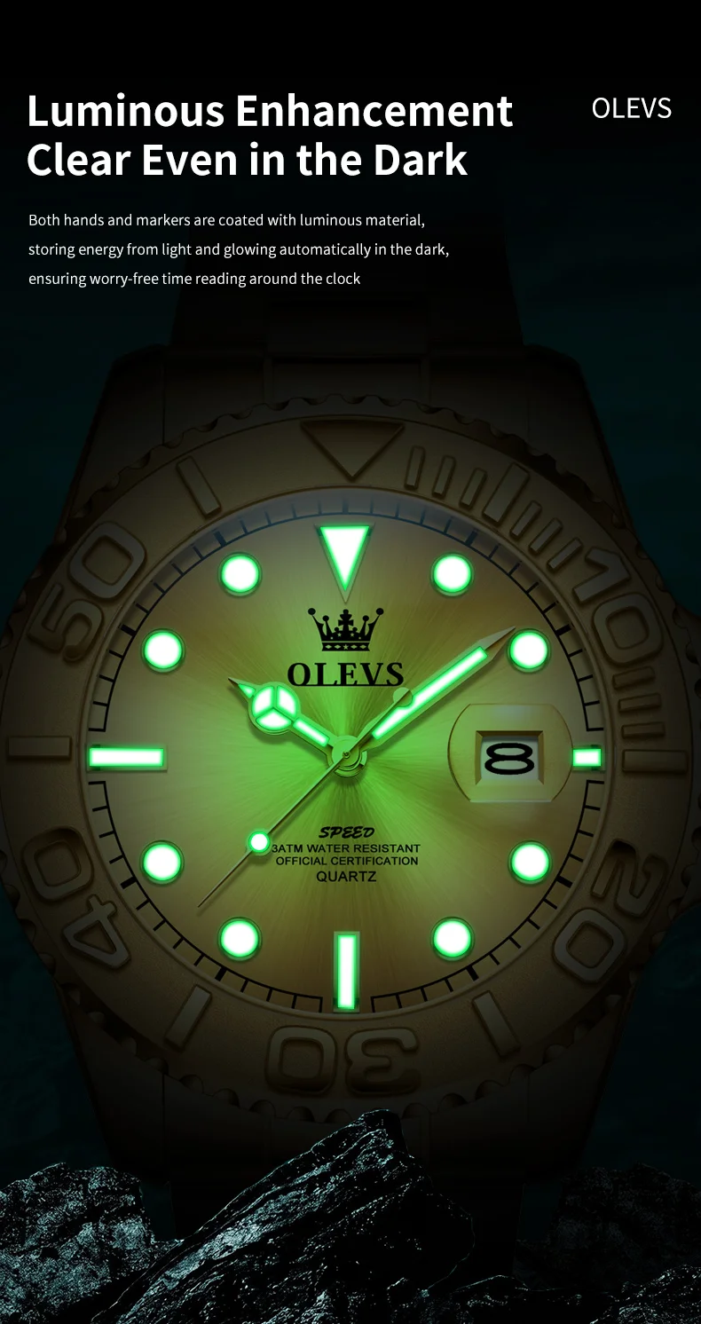 OLEVS 2720 Luxury Brand Fashion Sports Diving Calendar Classic Stainless Steel Waterproof Luminous Quartz Watch 9