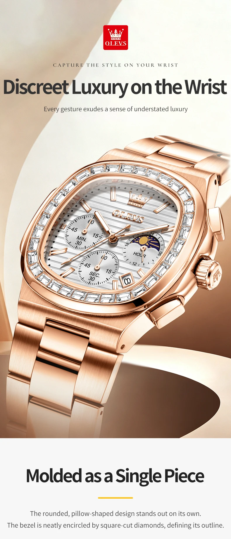 OLEVS 3739 Multifunctional Stainless Steel Moon Lunar Phase Luxury Calendar Waterproof Quartz Watch for Man 1